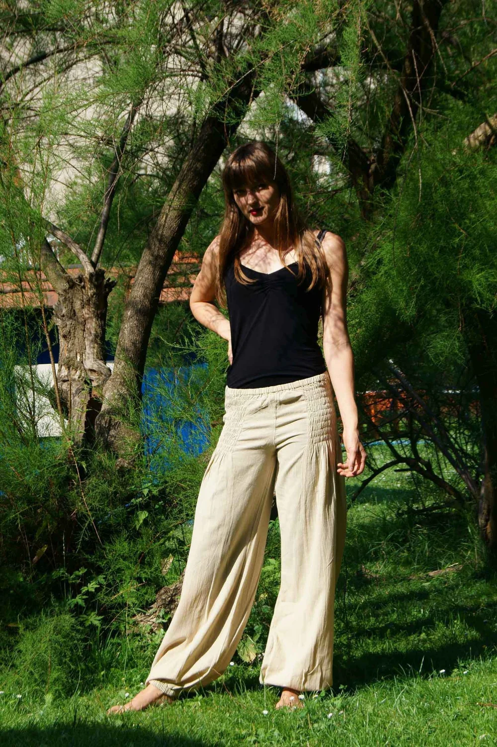 Jeannie Baumwoll Hose mit gesmoktem Bund - petrol / s/m