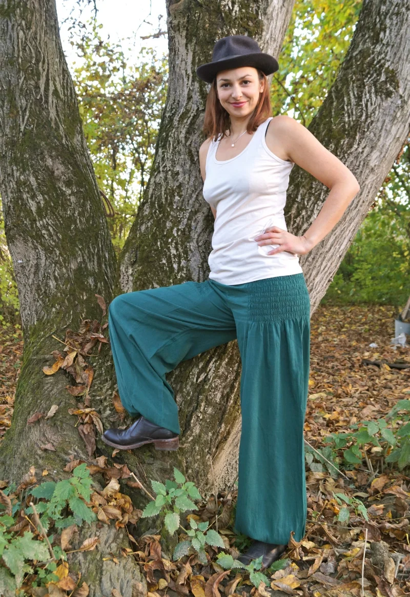 Jeannie Baumwoll Hose mit gesmoktem Bund - petrol / s/m