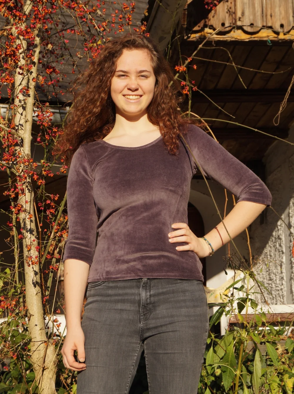 Weiches Nickisamt Shirt "Northern Lights" - plum / small
