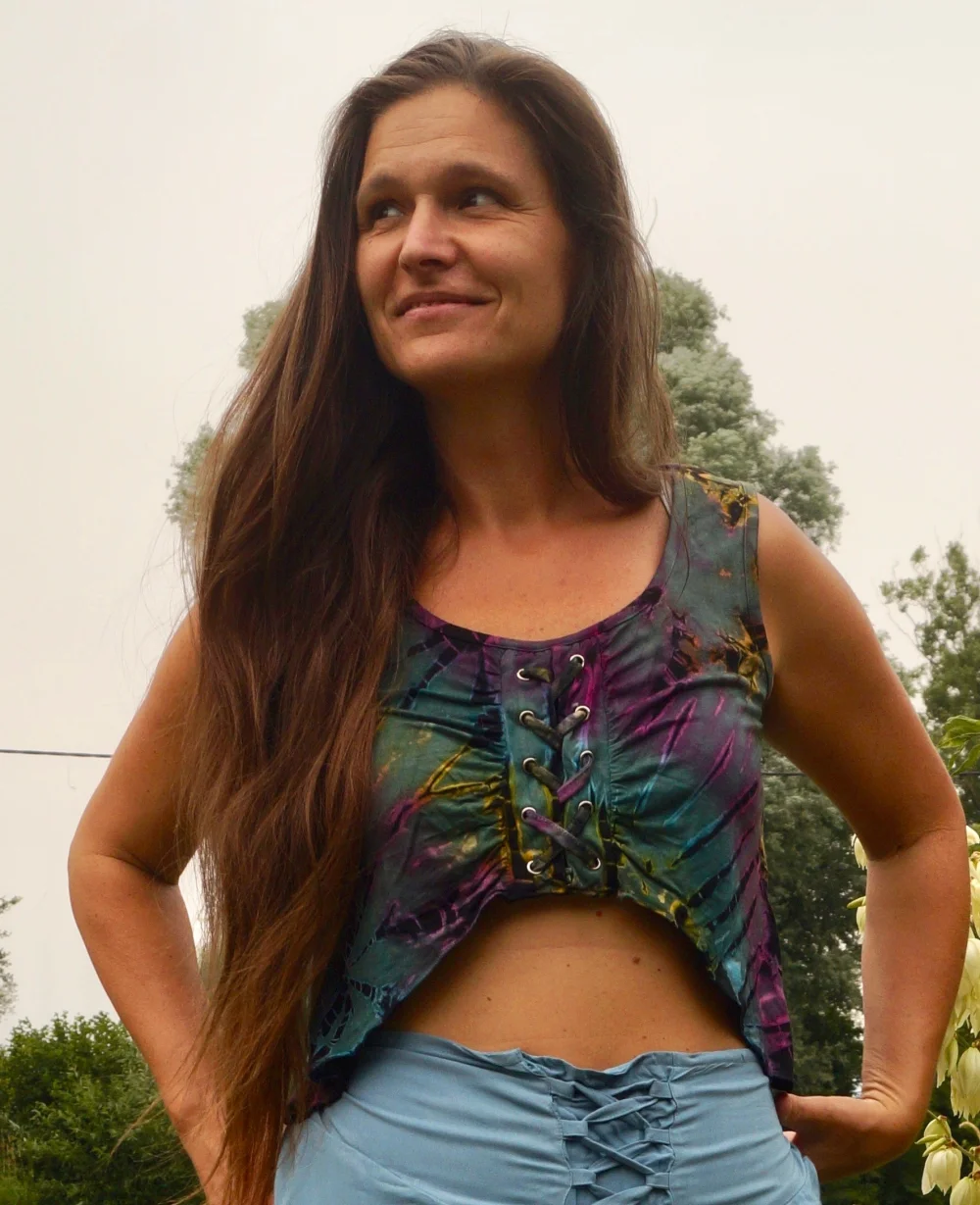 Batik Top mit Schnürung - schwarz/grau / s/m