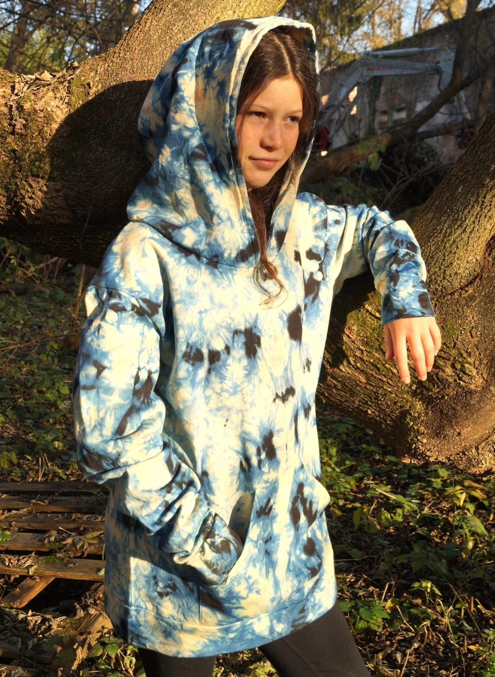Batik Hoodie aus Baumwolle - blau/rose Streifen / large